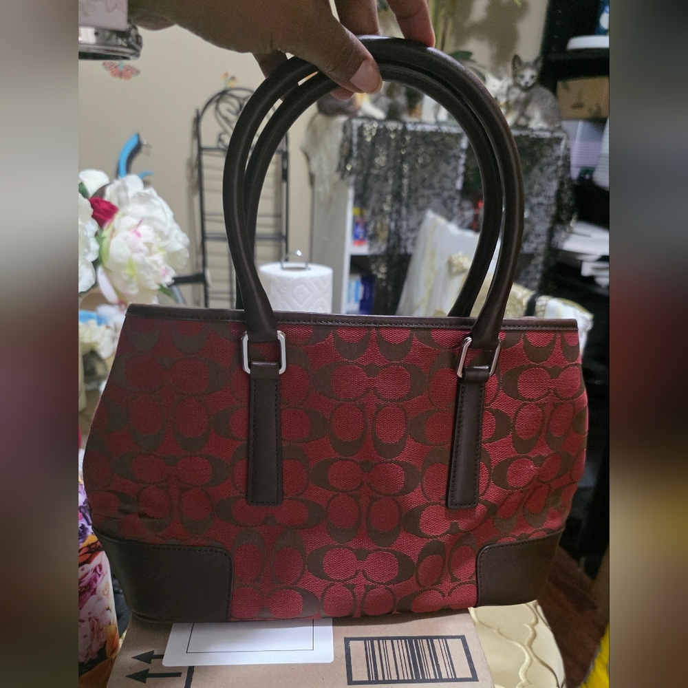 Coach Red and Brown Signature Tote (Small/medium) Size